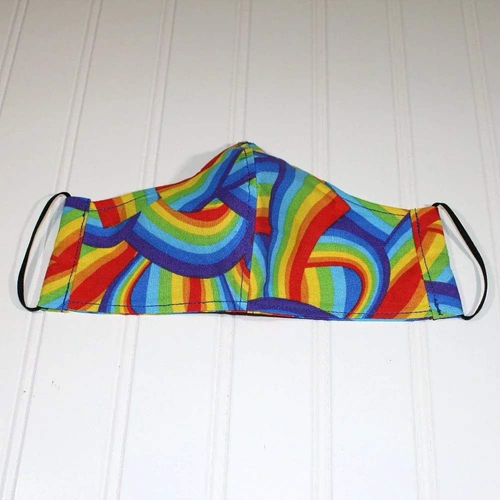 HAND CRAFTED Face Mask Rainbow Colorful Cotton LGBTQ+ - Adult - Shield Style